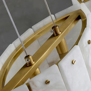 Linear Alabaster Panel Pendant Lamp-Bar Linear Chandelier - Close Up Brushed Gold Brass Internal Geometric Frame | HoaiLamp