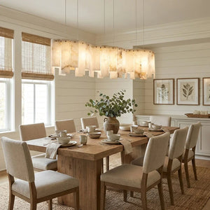 Linear Alabaster Panel Pendant Lamp-Bar Linear Chandelier - Bright Rustic Dining Area Wooden Table Large Window | HoaiLamp