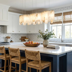 Linear Alabaster Panel Pendant Lamp-Bar Linear Chandelier - Elegant Navy Blue Kitchen Island Woven Bar Stools | HoaiLamp