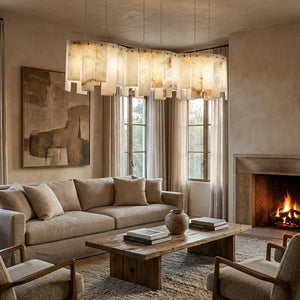 Linear Alabaster Panel Pendant Lamp-Bar Linear Chandelier - Cozy Traditional Living Room Stone Fireplace Beige Sofas | HoaiLamp