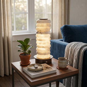 Multi-Tiered Alabaster Table Lamp - Cozy Living Room Side Table Coffee Mug Blue Couch | HoaiLamp