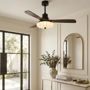 Lotus Bloom Wooden Ceiling Fan Light - Elegant Entryway Foyer with Arched Gold Mirror | HoaiLamp