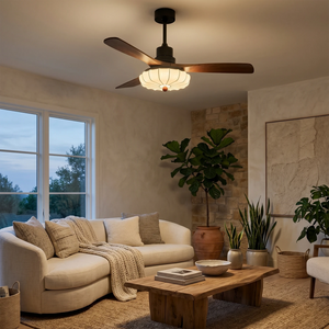 Lotus Bloom Wooden Ceiling Fan Light - Warm Living Room with Curved Cream Fabric Sofa | HoaiLamp