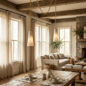 Luminous Conical Alabaster Chandelier - Vintage Exposed Beam Living Room | HoaiLamp