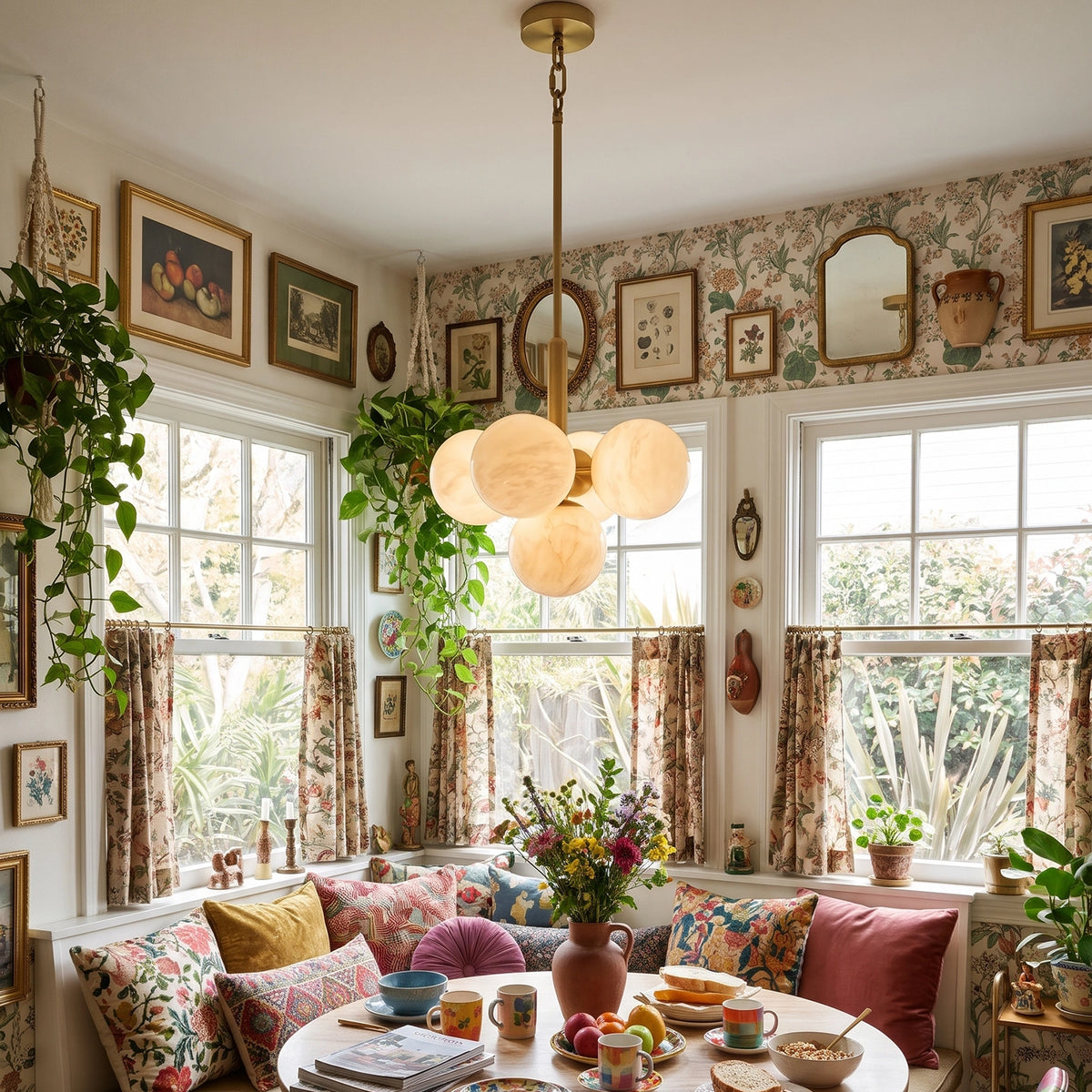Lune alabaster cluster chandelier illuminated above a dining table beside windows