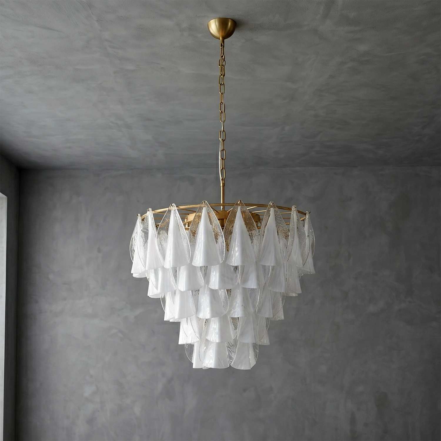 Modern Brass Tiered Glass Chandelier