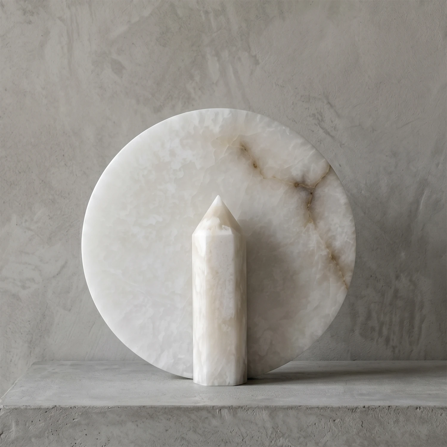 Modern Minimalist Disc-Shaped Alabaster Table Lamp - Grey concrete ledge (unlit)