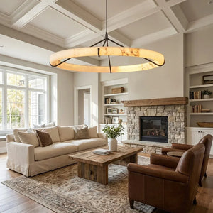 Modern Spanish Alabaster Halo Pendant Lamp - Coffered Ceiling Living Room Stone Hearth Cognac Leather Chairs | HoaiLamp