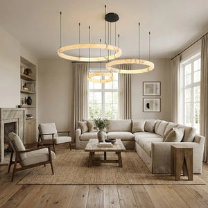 Modern Spanish Alabaster Halo Pendant Lamp - Cozy Transitional Living Room White Sectional Sofa | HoaiLamp