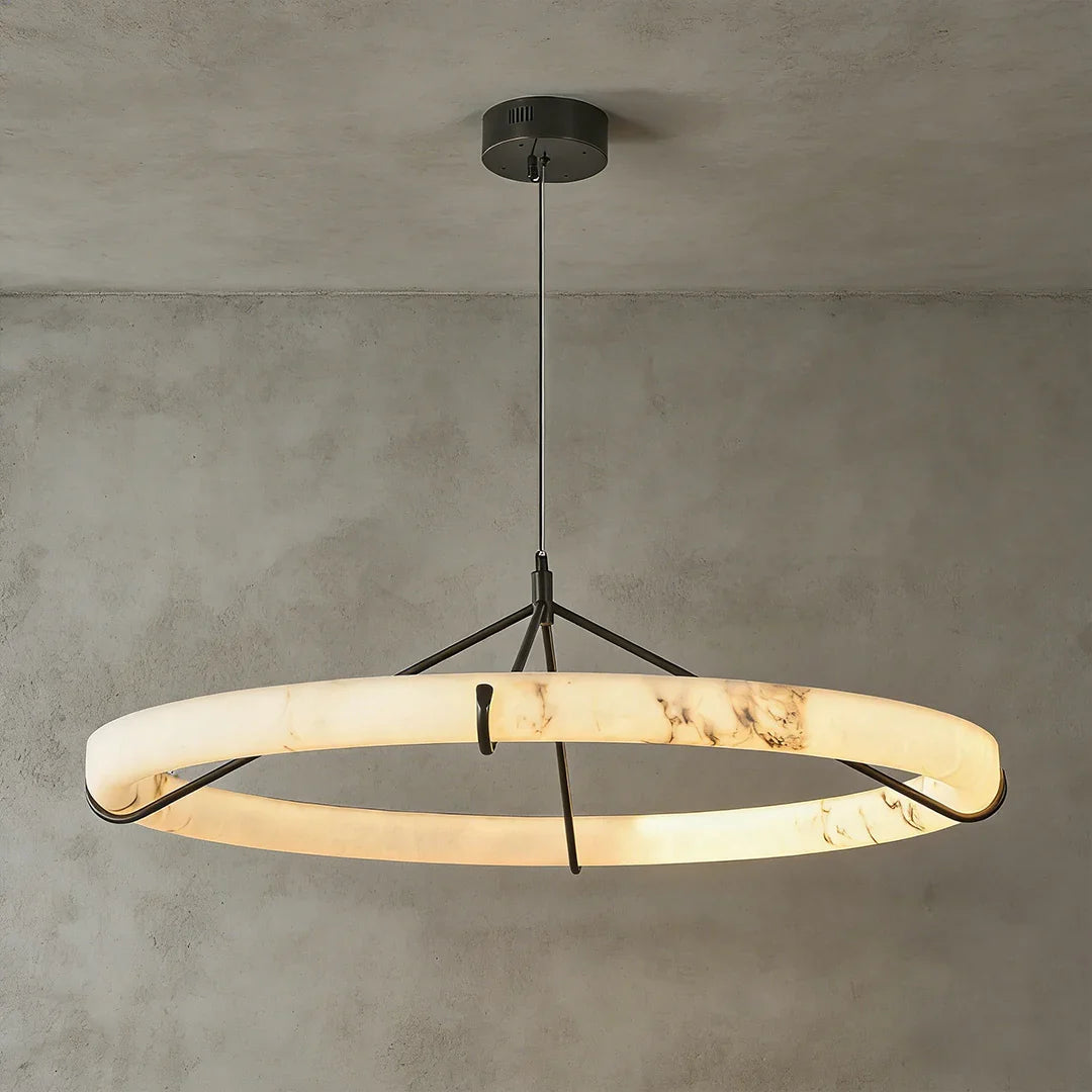 Modern Spanish Alabaster Halo Pendant Lamp - Studio Grey Concrete Backdrop Single Illuminated Halo Ring | HoaiLamp