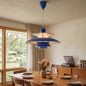Multi-Tier Saucer Pendant Lamp - Vibrant Cobalt Blue Mid-Century Dining Room | HoaiLamp
