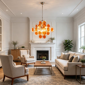 Murano Orange Disk Chandelier - Grand Transitional Living Room | HoaiLamp