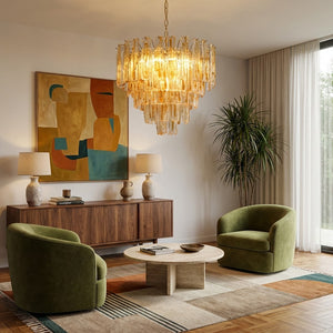 Murano Style Amber Glass Tiered Chandelier - Mid-Century Modern Lounge Green Velvet Chairs | HoaiLamp