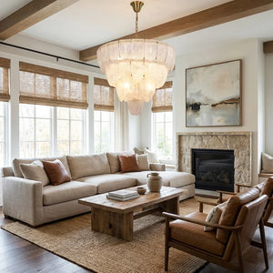 Murano-Style Tiered Glass Chandelier - Farmhouse Living Room Exposed Ceiling Beams Fireplace | HoaiLamp