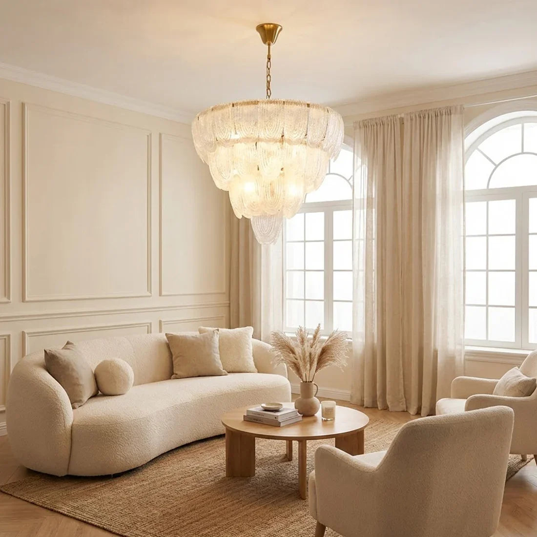 Murano-Style Tiered Glass Chandelier - French Cream Living Room Curved Sofa Arch Windows | HoaiLamp