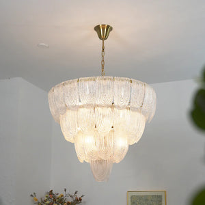 Murano-Style Tiered Glass Chandelier - Studio Off White Backdrop Low Angle Warm Glow | HoaiLamp