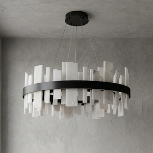 Natural Alabaster Tile Round Chandelier - Studio Grey Concrete Backdrop Wide Black Finish Unlit | HoaiLamp