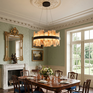 Natural Alabaster Tile Round Chandelier - Classical French Dining Room Gold Mirror Fireplace Black Finish | HoaiLamp