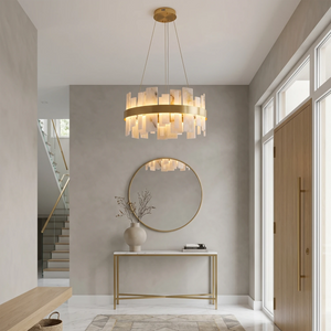 Natural Alabaster Tile Round Chandelier - Elegant Entryway Foyer Console Table Round Mirror Gold Finish | HoaiLamp