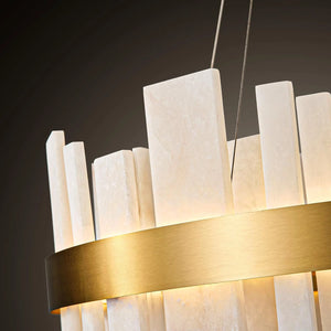 Natural Alabaster Tile Round Chandelier - Detail View Single Alabaster Tile Gold Band | HoaiLamp