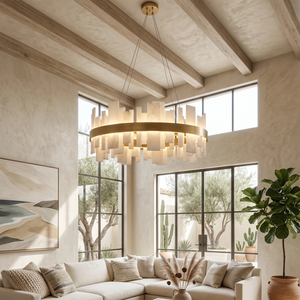 Natural Alabaster Tile Round Chandelier - Rustic Modern Living Room Exposed Ceiling Beams Sectional Sofa | HoaiLamp
