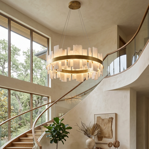 Natural Alabaster Tile Round Chandelier - Double Height Foyer Spiral Staircase Grand Hall Gold Finish | HoaiLamp