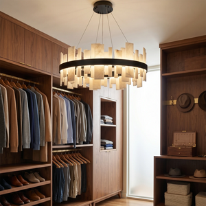 Natural Alabaster Tile Round Chandelier - Luxury Walk In Closet Dressing Room Wood Wardrobes Black Finish | HoaiLamp