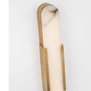 Natural Grained Marble Elongated Sconce Wall Lamp - Close Up Studio View of Sleek Brushed Brass Profile