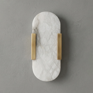 Natural Grained Marble Elongated Sconce Wall Lamp - White Alabaster Style with Brass Side Mounts