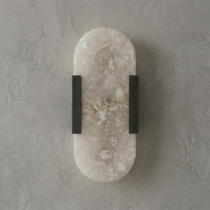 Natural Grained Marble Elongated Sconce Wall Lamp - Warm Beige Texture with Matte Black Metal Hardware