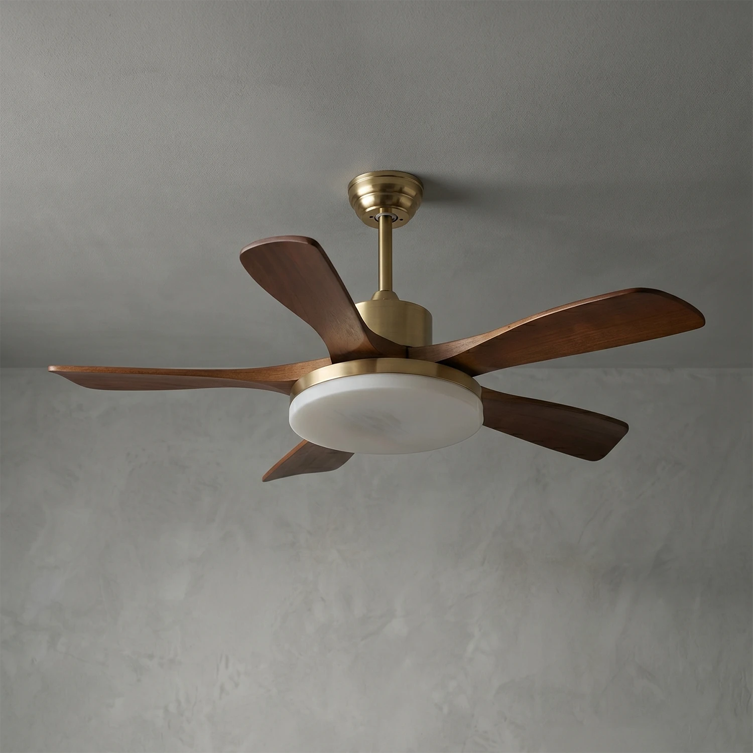 Nova Breeze Ceiling Fan Light - Studio Product Shot with Elegant Gold Downrod & Matte Base | HoaiLamp