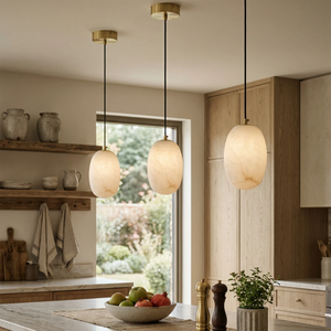 Oval Alabaster Pendant Light - Warm Kitchen Island Setting featuring Staggered Alabaster Stone Drops | HoaiLamp