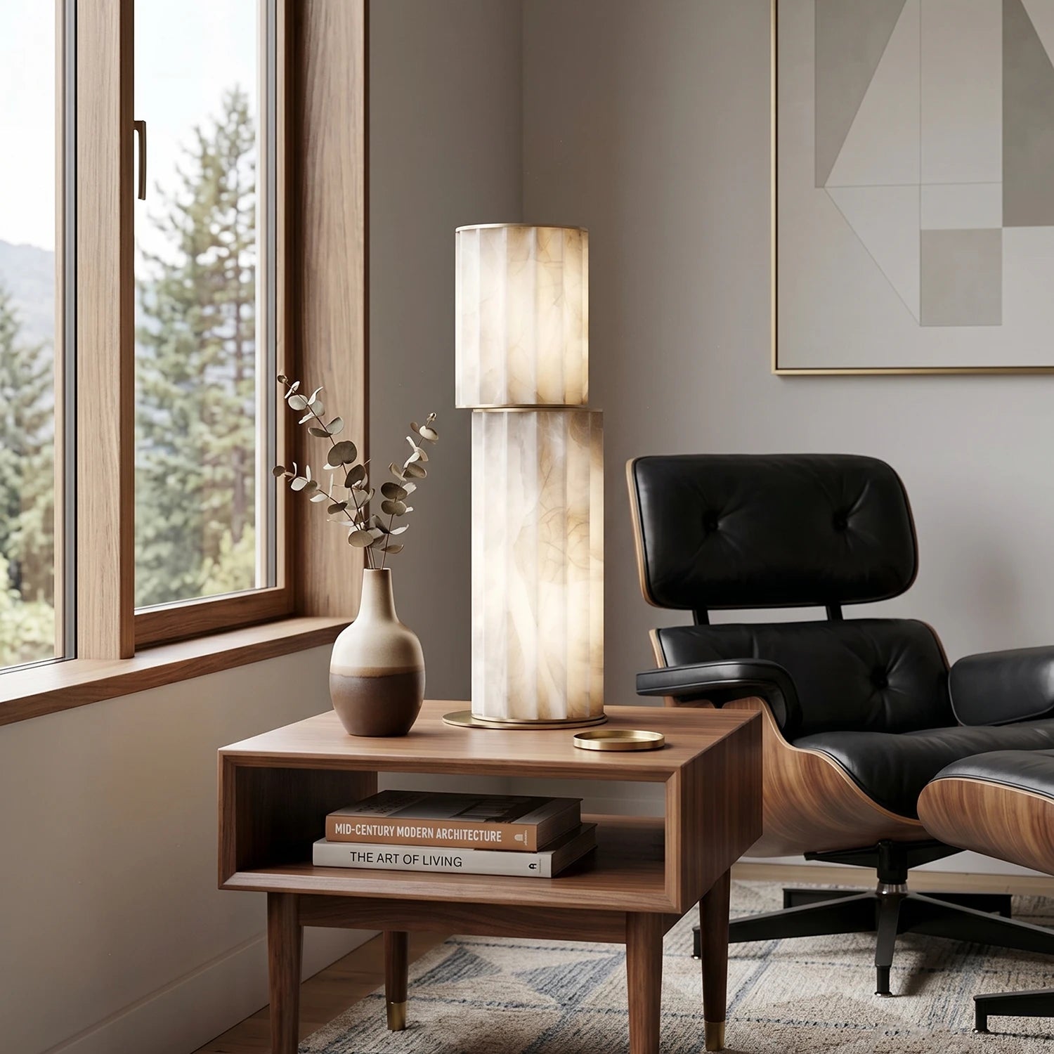 Padana Alabaster Table Lamp - Studio Grey Background Dual Stacked Cylinders Unlit | HoaiLamp
