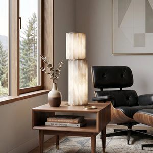 Padana Alabaster Table Lamp - Studio Grey Background Dual Stacked Cylinders Unlit | HoaiLamp