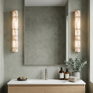 Padana Alabaster Wall Lamp - Modern Bathroom Vanity Symmetrical Tall Sconces Wood Cabinet | HoaiLamp