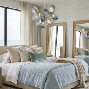 Peacock Blue Petal Art Glass Chandelier - Luxury Coastal Bedroom Ceiling Lighting | HoaiLamp