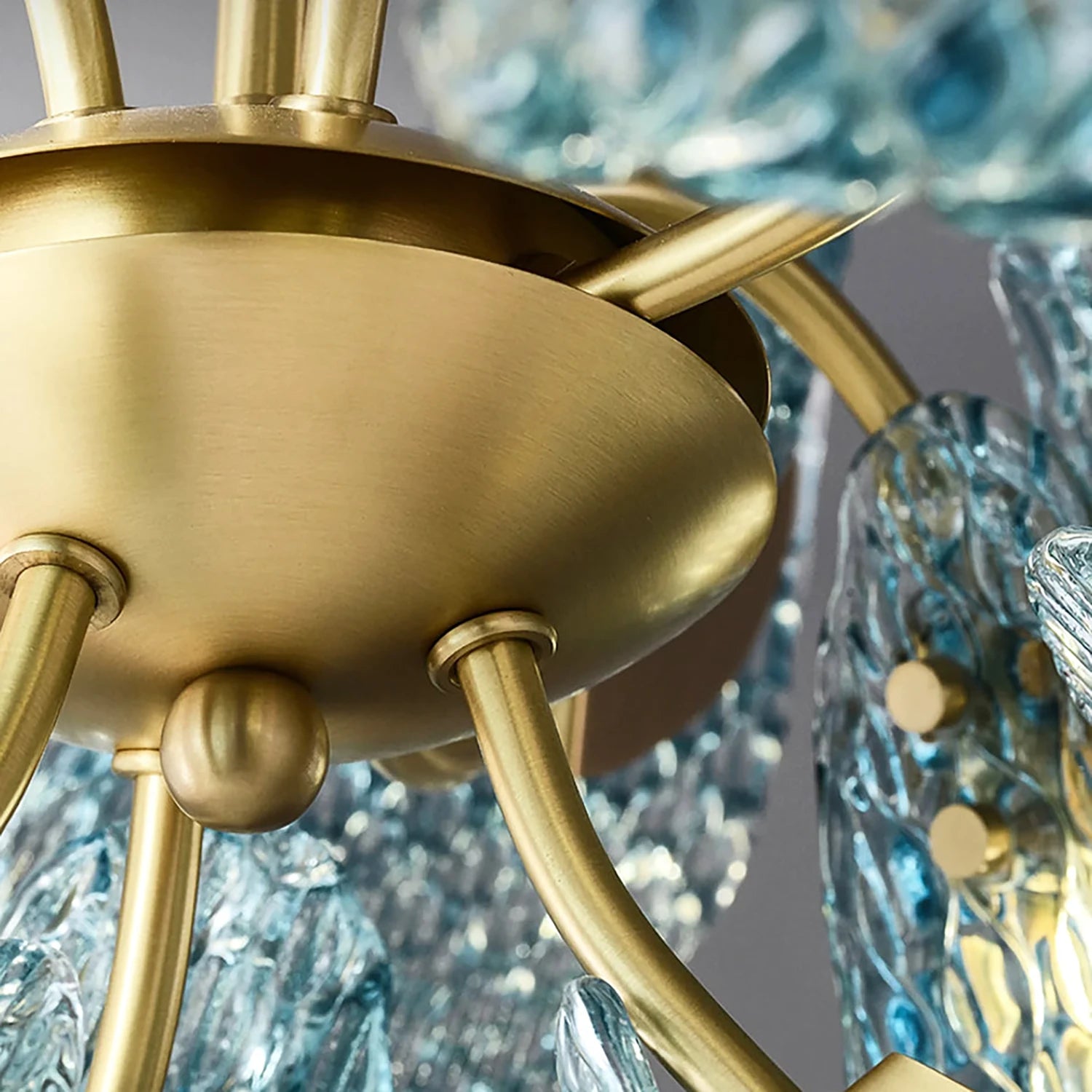 Peacock Blue Petal Art Glass Chandelier - Brushed Brass Central Hub Construction | HoaiLamp