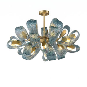 Peacock Blue Petal Art Glass Chandelier - Round 10 Light Illuminated Glow | HoaiLamp