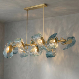 Peacock Blue Petal Art Glass Chandelier - Linear 6 Light Illuminated Glow | HoaiLamp