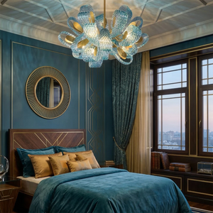 Peacock Blue Petal Art Glass Chandelier - Vintage Luxury Emerald Bedroom Statement | HoaiLamp