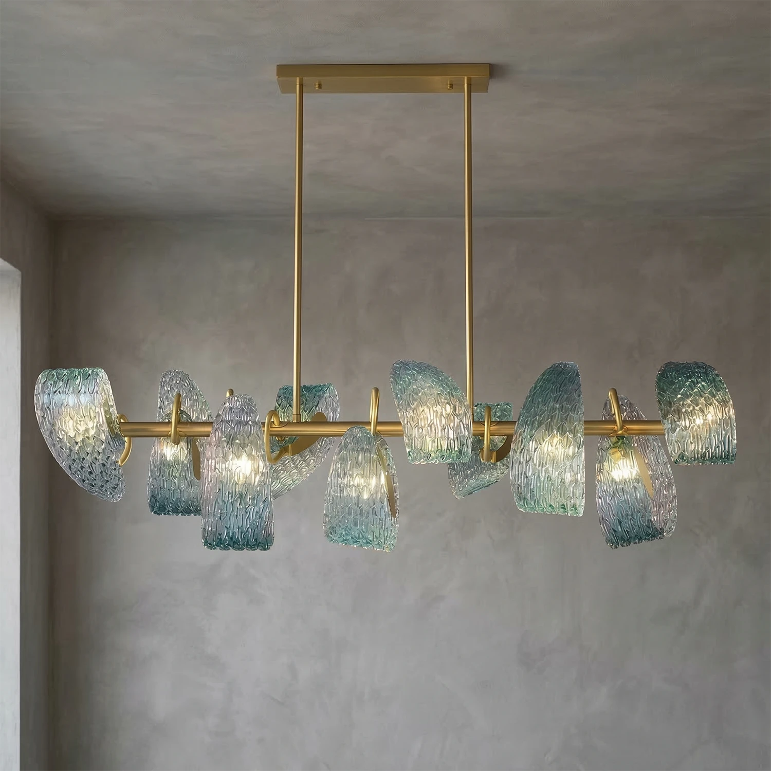 Peacock Blue Petal Art Glass Chandelier - Minimalist Gray Wall Studio Display | HoaiLamp