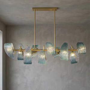 Peacock Blue Petal Art Glass Chandelier - Minimalist Gray Wall Studio Display | HoaiLamp