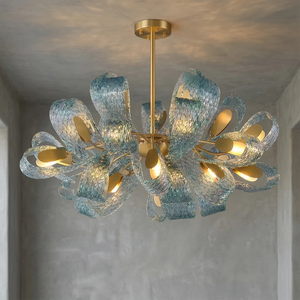 Peacock Blue Petal Art Glass Chandelier - Large Multi-Light Luxury Ceiling Statement | HoaiLamp