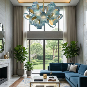 Peacock Blue Petal Art Glass Chandelier - Grand High Ceiling Living Room centerpiece | HoaiLamp