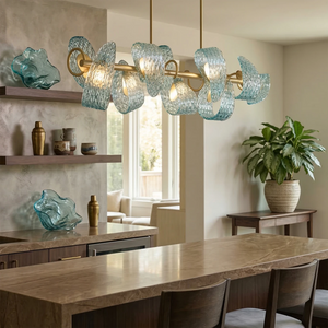 Peacock Blue Petal Art Glass Chandelier - Rustic Dining Room Linear Pendant | HoaiLamp