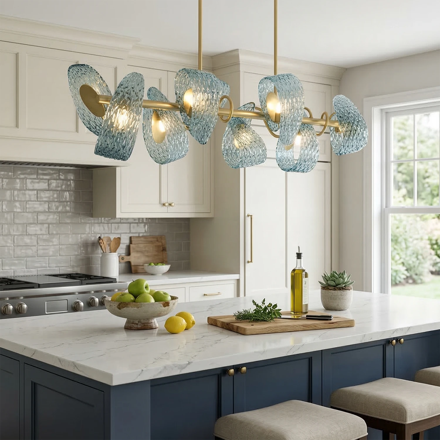 Peacock Blue Petal Art Glass Chandelier - Modern Kitchen Island Linear Pendant | HoaiLamp