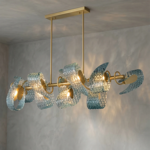 Peacock Blue Petal Art Glass Chandelier - Angular View Linear Island Dynamic Shadow | HoaiLamp