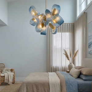 Peacock Blue Petal Art Glass Chandelier - Contemporary Bedroom Ambient Light | HoaiLamp