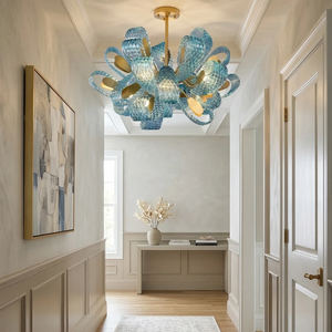 Peacock Blue Petal Art Glass Chandelier - Semi Flush Mount Hallway Foyer Light | HoaiLamp