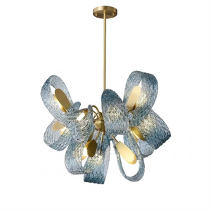 Peacock Blue Petal Art Glass Chandelier - Small Round Tiered Ceiling Fixture | HoaiLamp